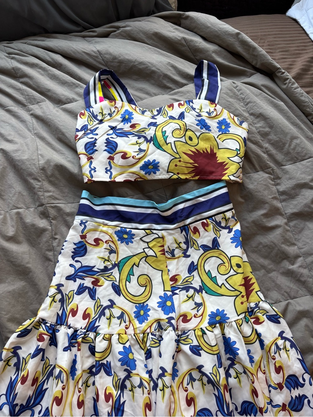 Floral Scroll Two-Piece Crop Top & Maxi Skirt Set in White, Blue, Yellow